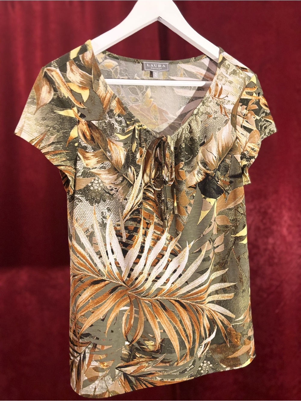 Laura Ashley Olive, Gold & Cream Tropical Print Short Sleeve Blouse